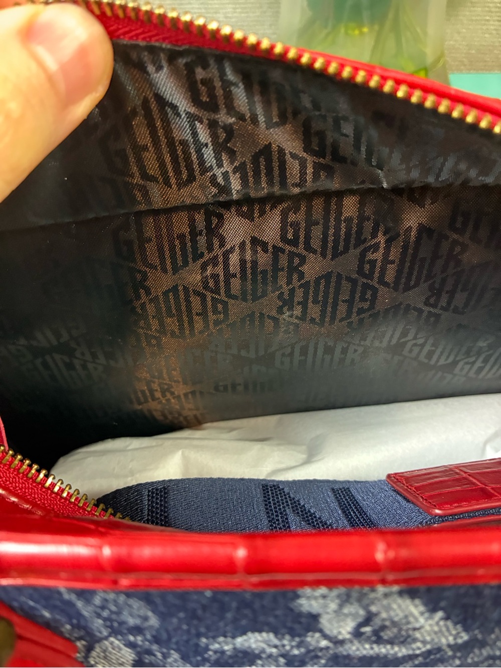 Kurt Geiger Blue Floral Denim & Red Croc Embossed Leather Chiswick Tote - NWT - Picture 10 of 12